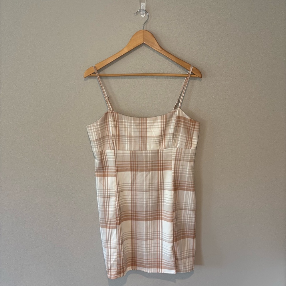 AEROPOSTALE Spaghetti Strap Plaid‎ Mini Dress w/ Slit @ Hem Brown/Cream Sz L